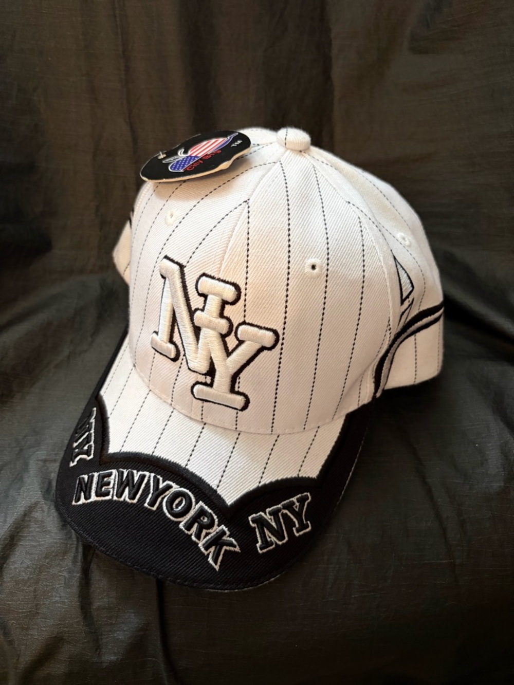NY Pinstripe Baseball Cap in White and Black